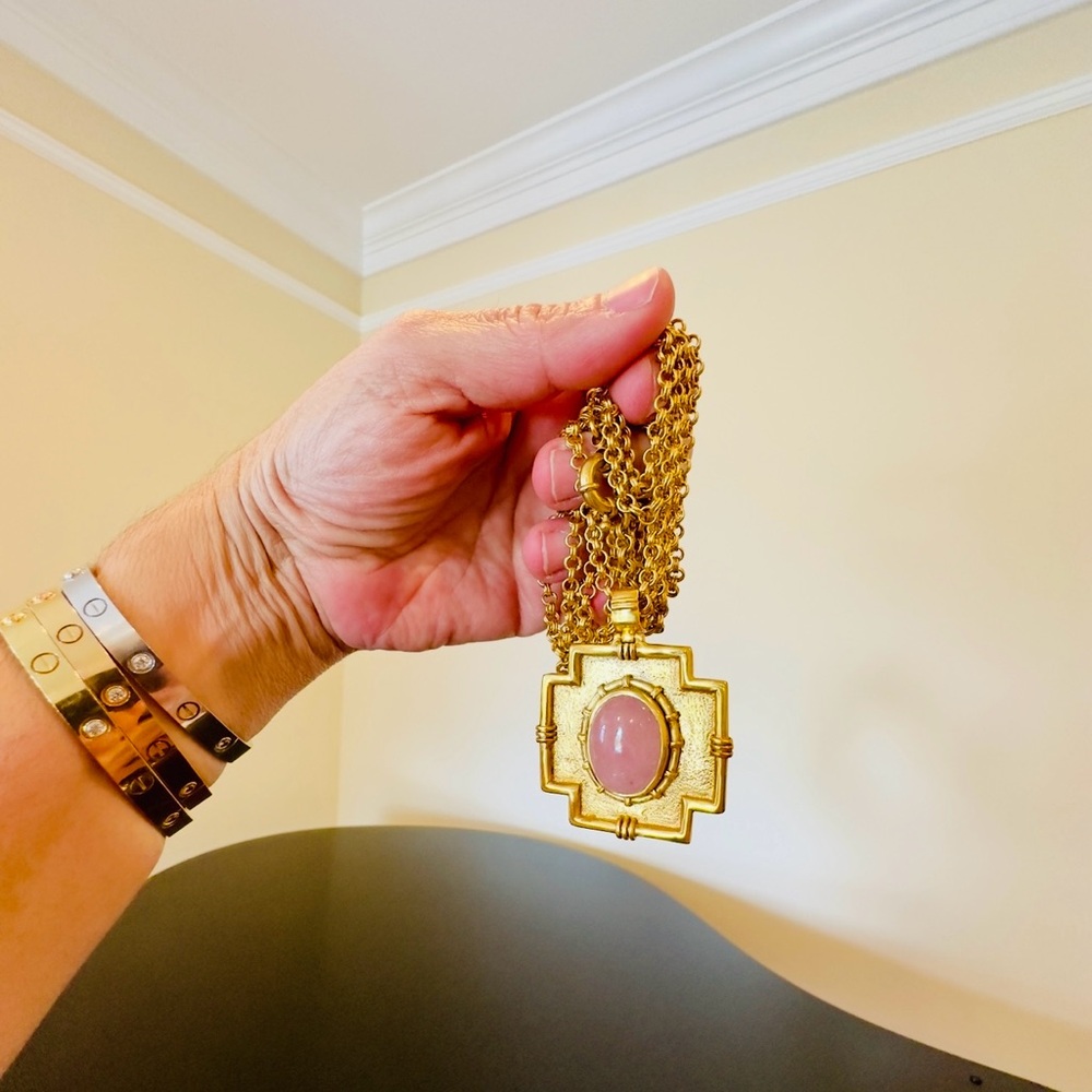 Vintage Authentic Luxury Bohemian RARE Julie Vos Rose Quartz Cross Necklace - Picture 9 of 17